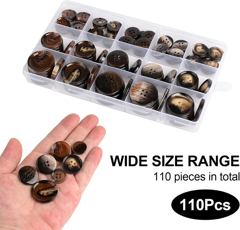 OELFFOW 110Pcs Brown Patterned Mixed Sewing Buttons, 4-Hole Craft Round Blazer Buttons, 5 Color 3 Size (15mm, 20mm, 25mm) Suit Coats Resin Button, for Variety Clothing Sewing, DIY Craft (Brown Patterned) - Image 4